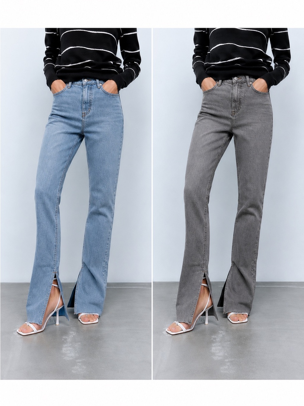 High-Waist Split-Hem Women's Jeans - Light Blue & Gray